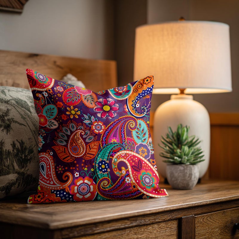 Shrahala Red Paisley Indian Decorative Pillow Covers, Chinese Colorful Flowers Pattern Floral Ethnic Indian Asian Cushion Case Sofa Bedroom Throw Pillow Covers Square 20 x 20 inches Red, Set of 2 - Image 2